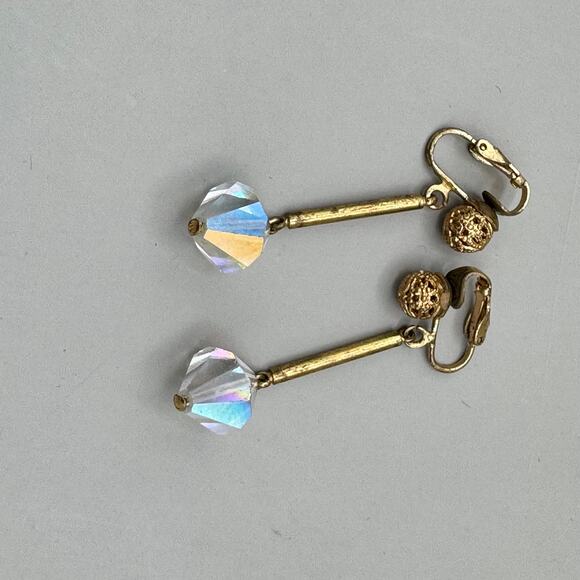 Vintage Gold Filigree Ball Aurora Borealis Crystal Drop Clip on Earrings - Picture 7 of 13